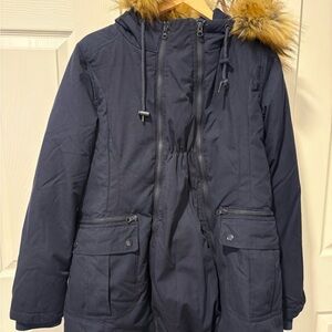 Modern Eternity Navy Coat with Faux Fur Trim